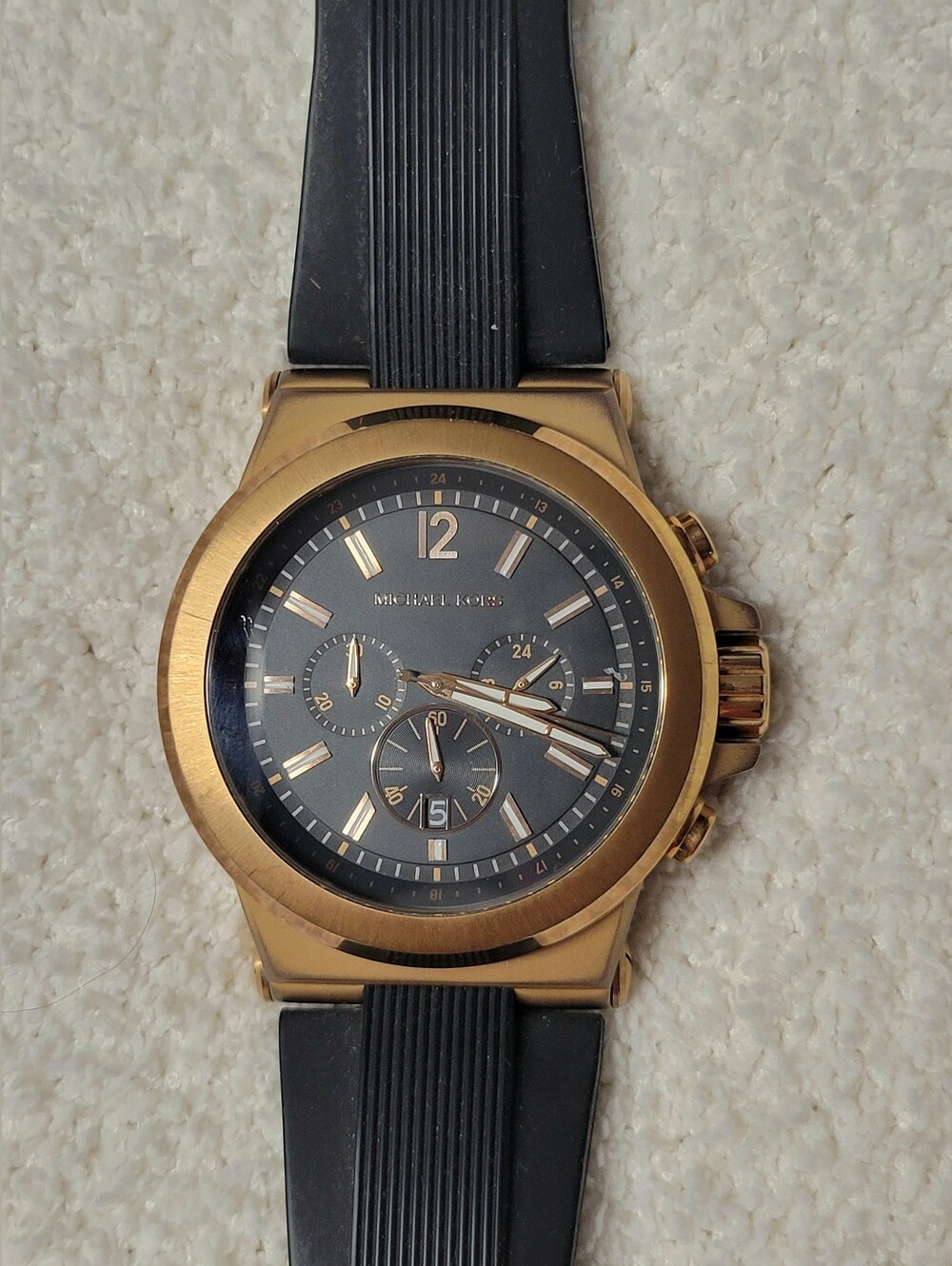 Men’s Michael Kors Dylan Chronograph Watch MK8184 Rose Gold Dial Black Band